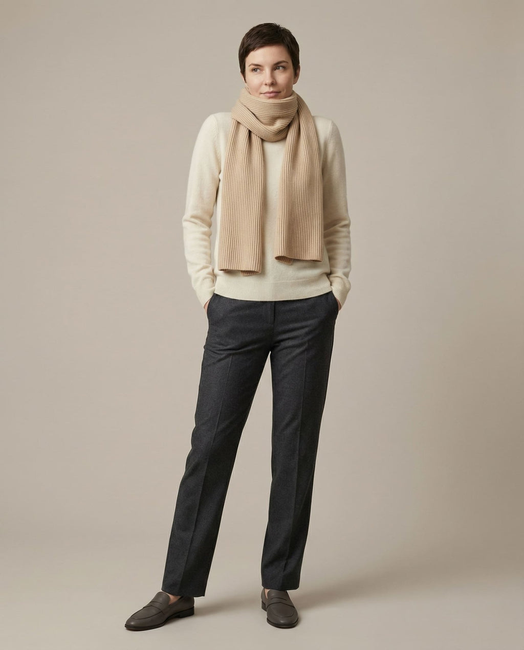 Color range overhead — charcoal, oat, camel, ivory cashmere-knit collars