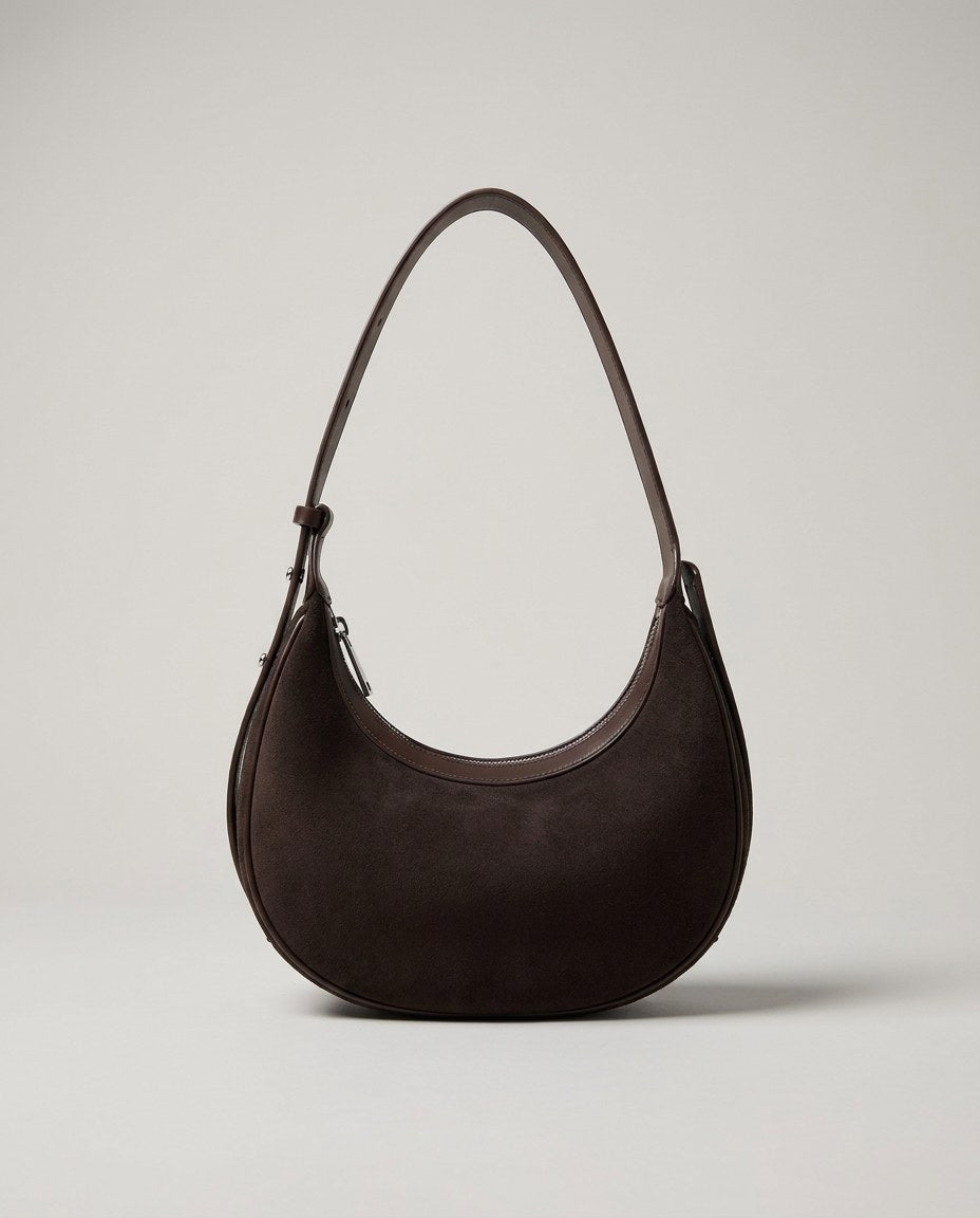 Wildfool The Cassis Crescent Bag in Espresso — top-grain nubuck crescent bag with smooth leather strap and silver-tone hardware