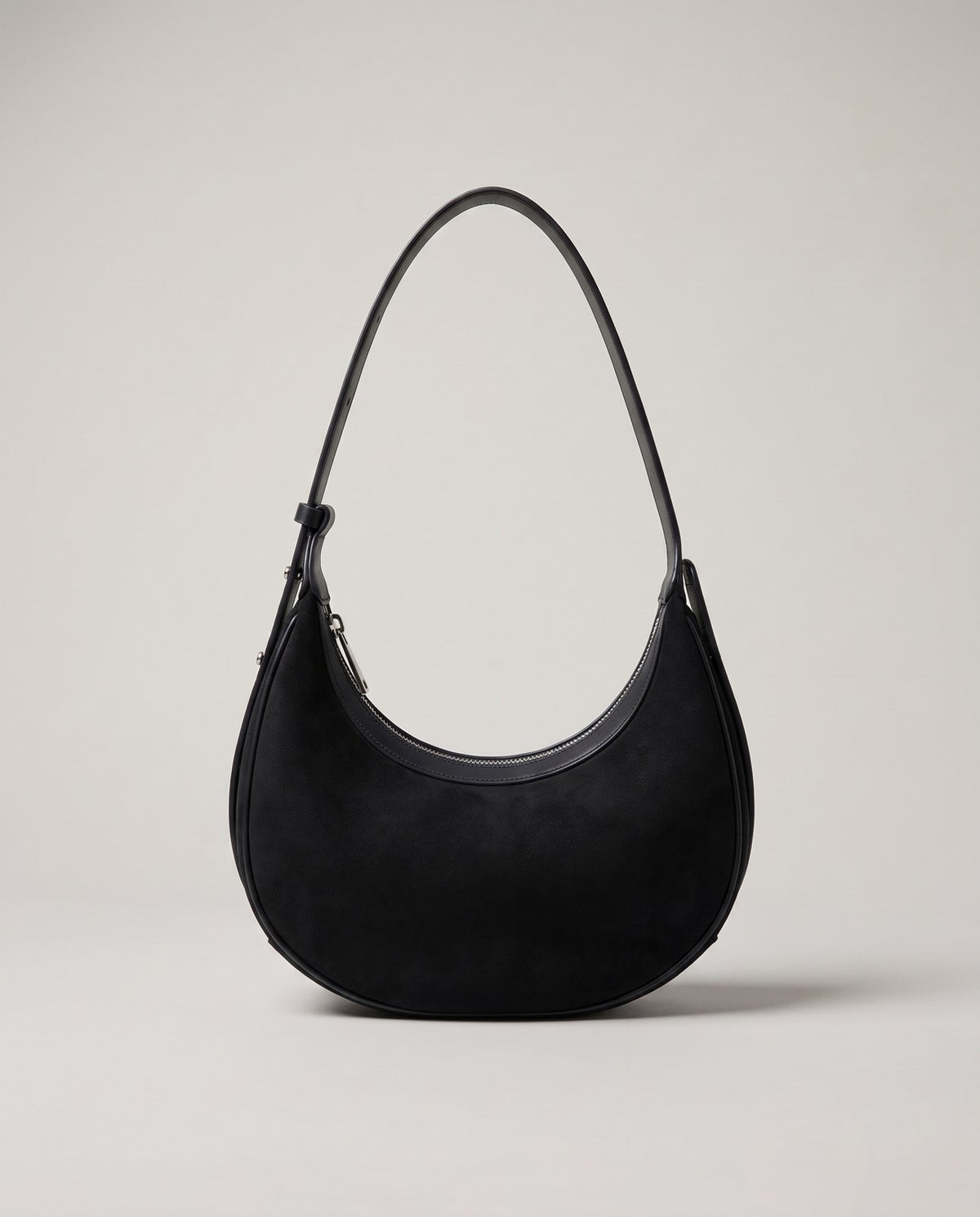 Wildfool The Cassis Crescent Bag in Black — top-grain nubuck crescent bag with smooth leather strap and silver-tone hardware