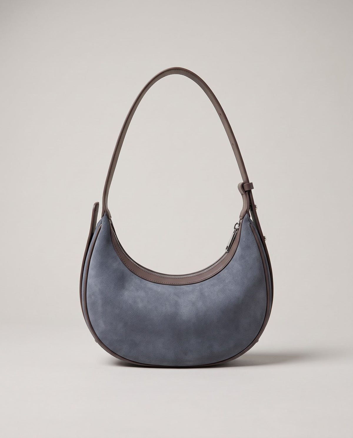 Wildfool The Cassis Crescent Bag in Elephant Grey — top-grain nubuck crescent bag with smooth leather strap and silver-tone hardware
