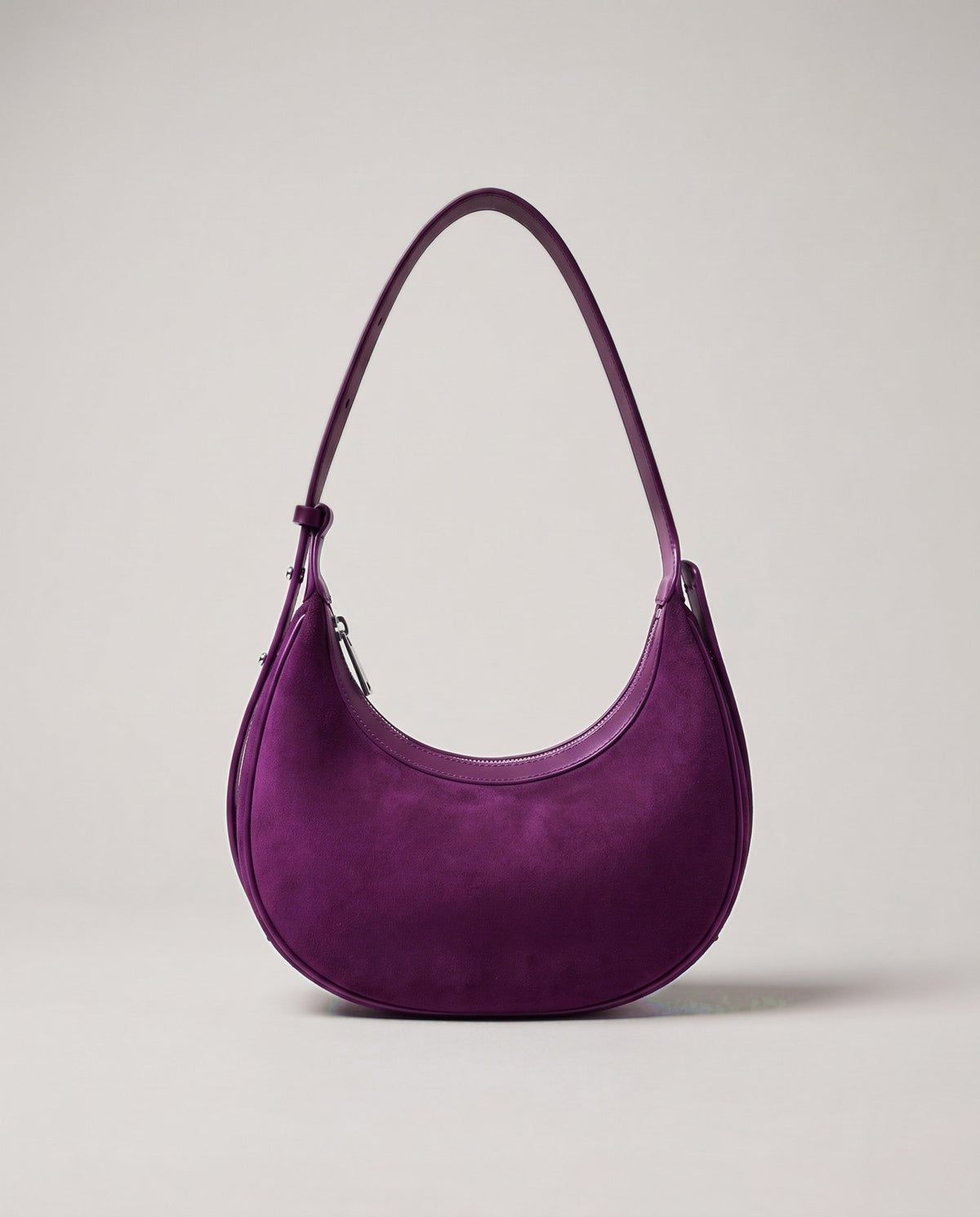 Wildfool The Cassis Crescent Bag in Purple — top-grain nubuck crescent bag with smooth leather strap and silver-tone hardware