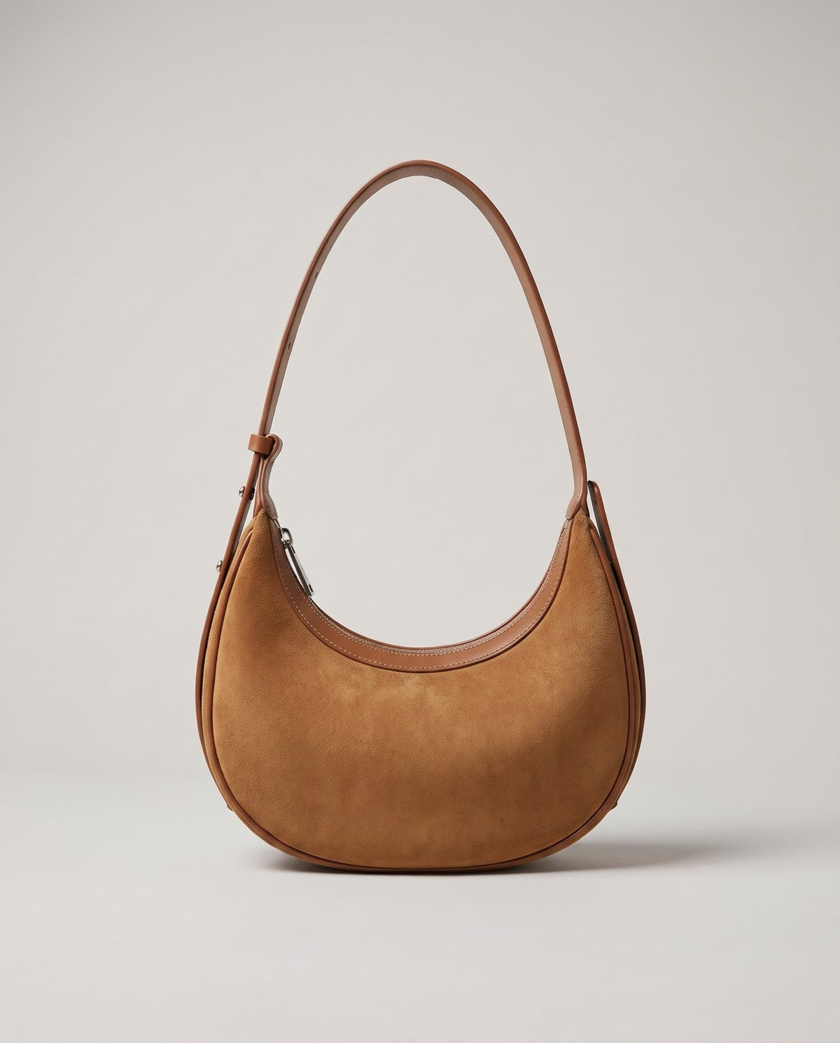 Wildfool The Cassis Crescent Bag in Caramel — top-grain nubuck crescent bag with smooth leather strap and silver-tone hardware