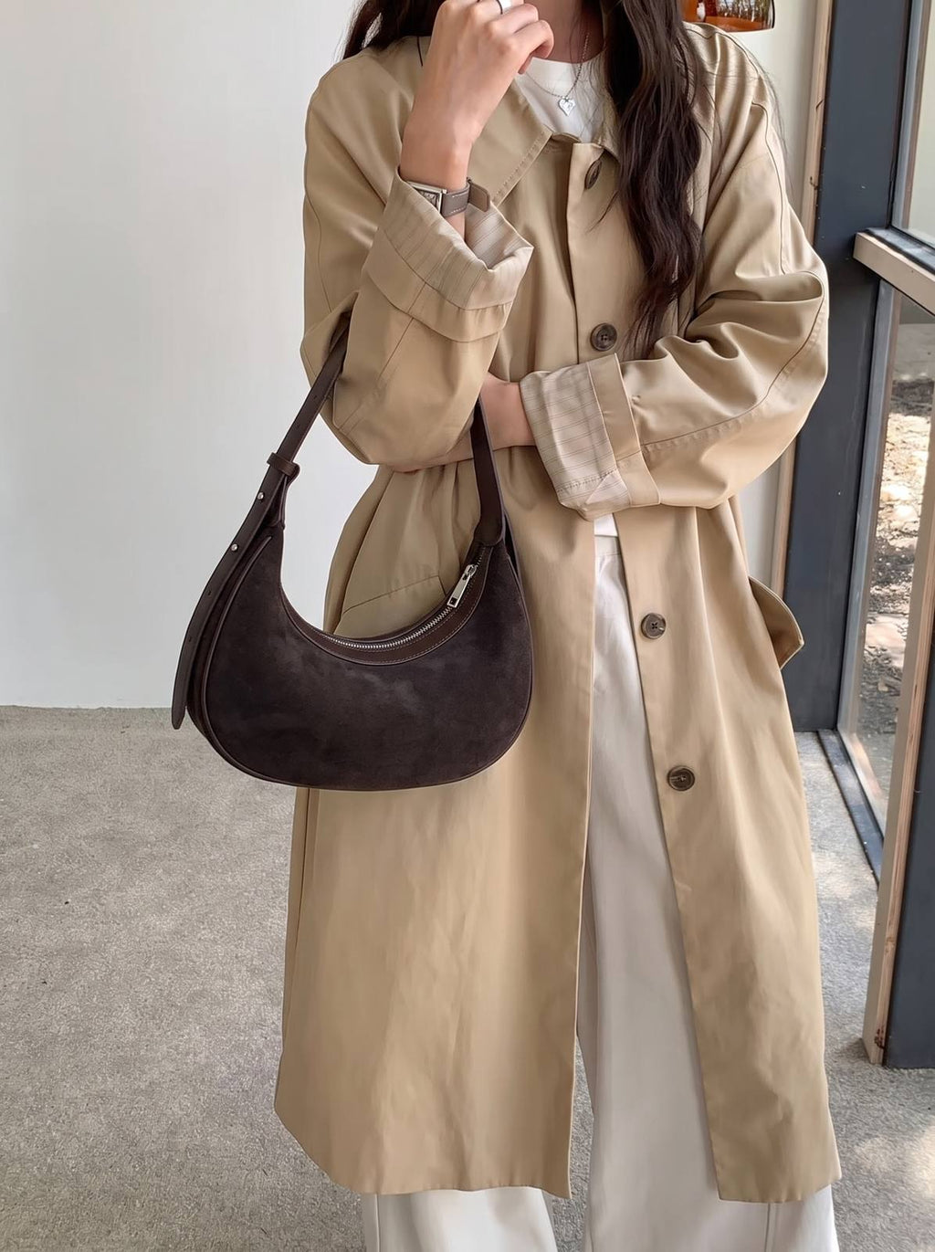 Wildfool The Cassis Crescent Bag in Espresso, worn — look 1