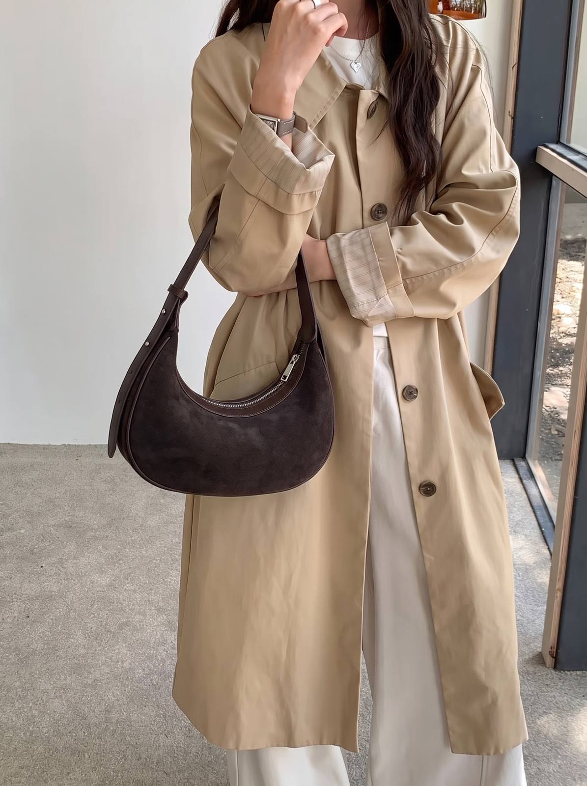 Wildfool The Cassis Crescent Bag in Espresso, worn — look 1