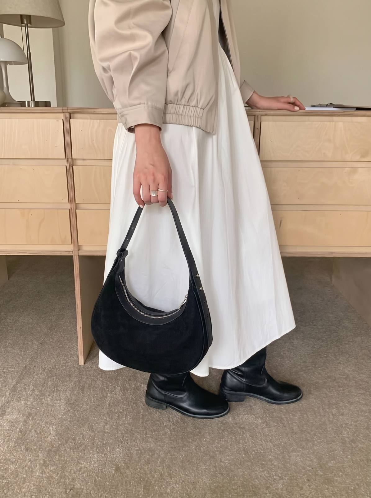 Wildfool The Cassis Crescent Bag in Black, worn — look 2