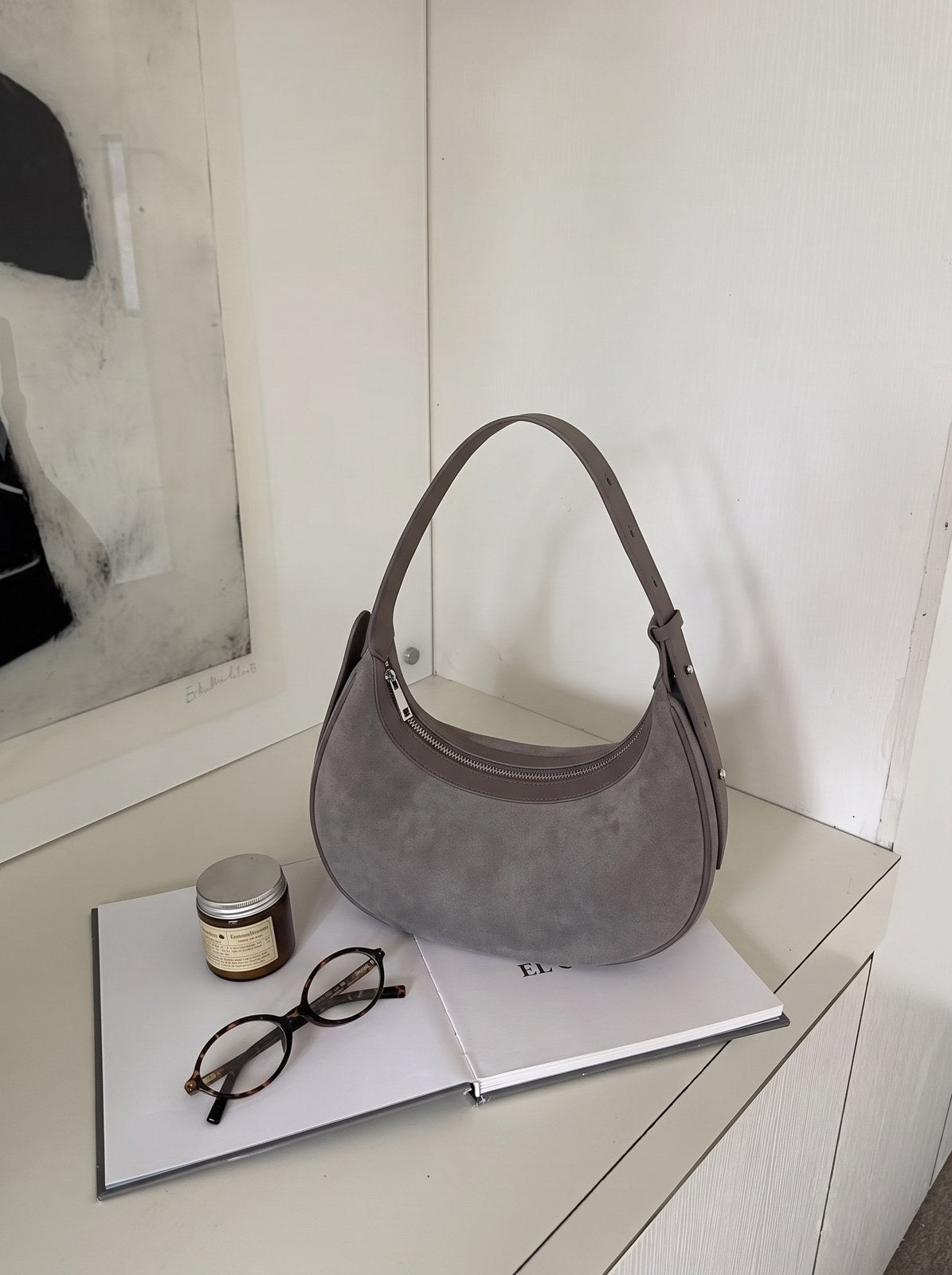 Wildfool The Cassis Crescent Bag in Elephant Grey, worn — look 1