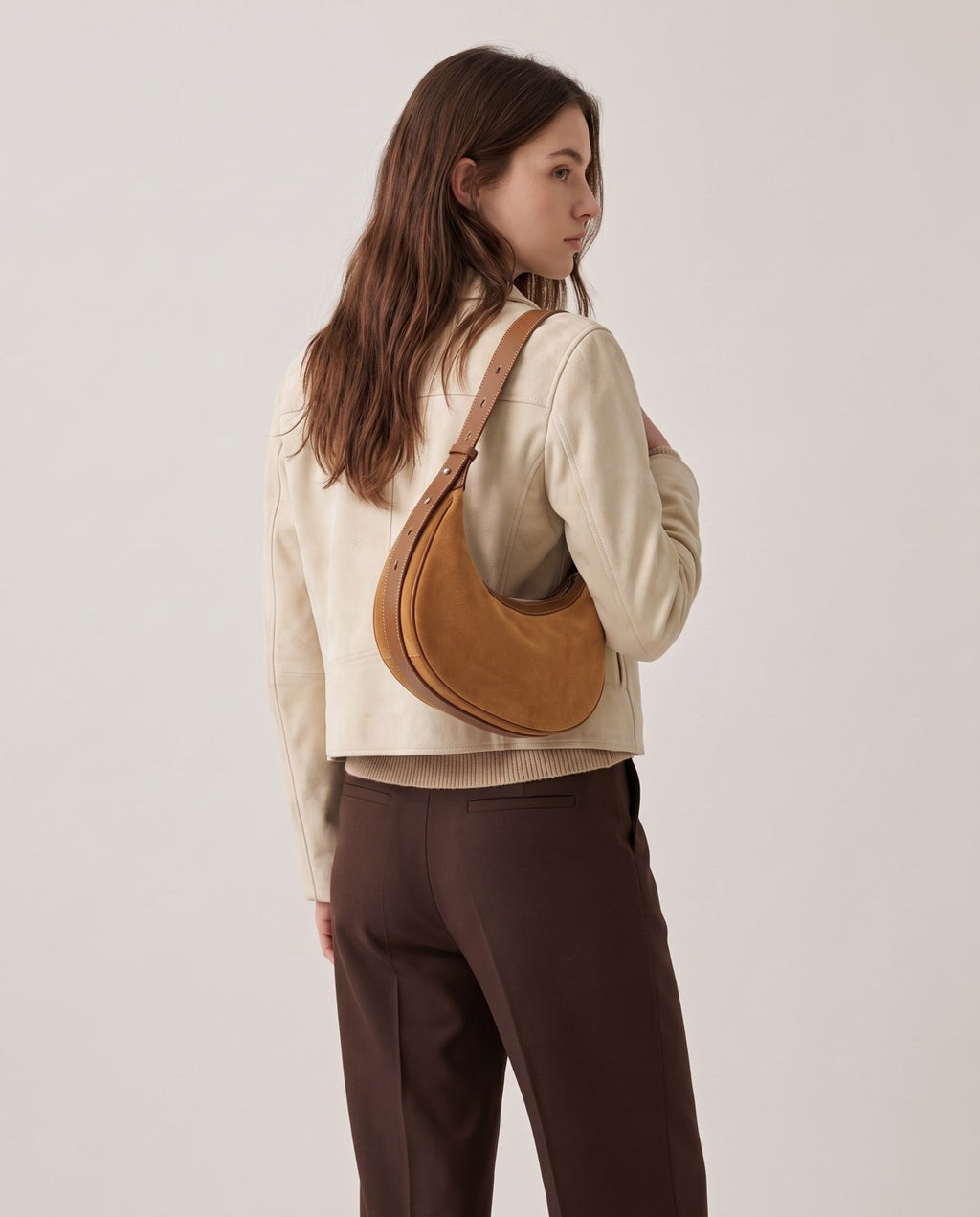 Wildfool The Cassis Crescent Bag in Caramel, worn — look 1