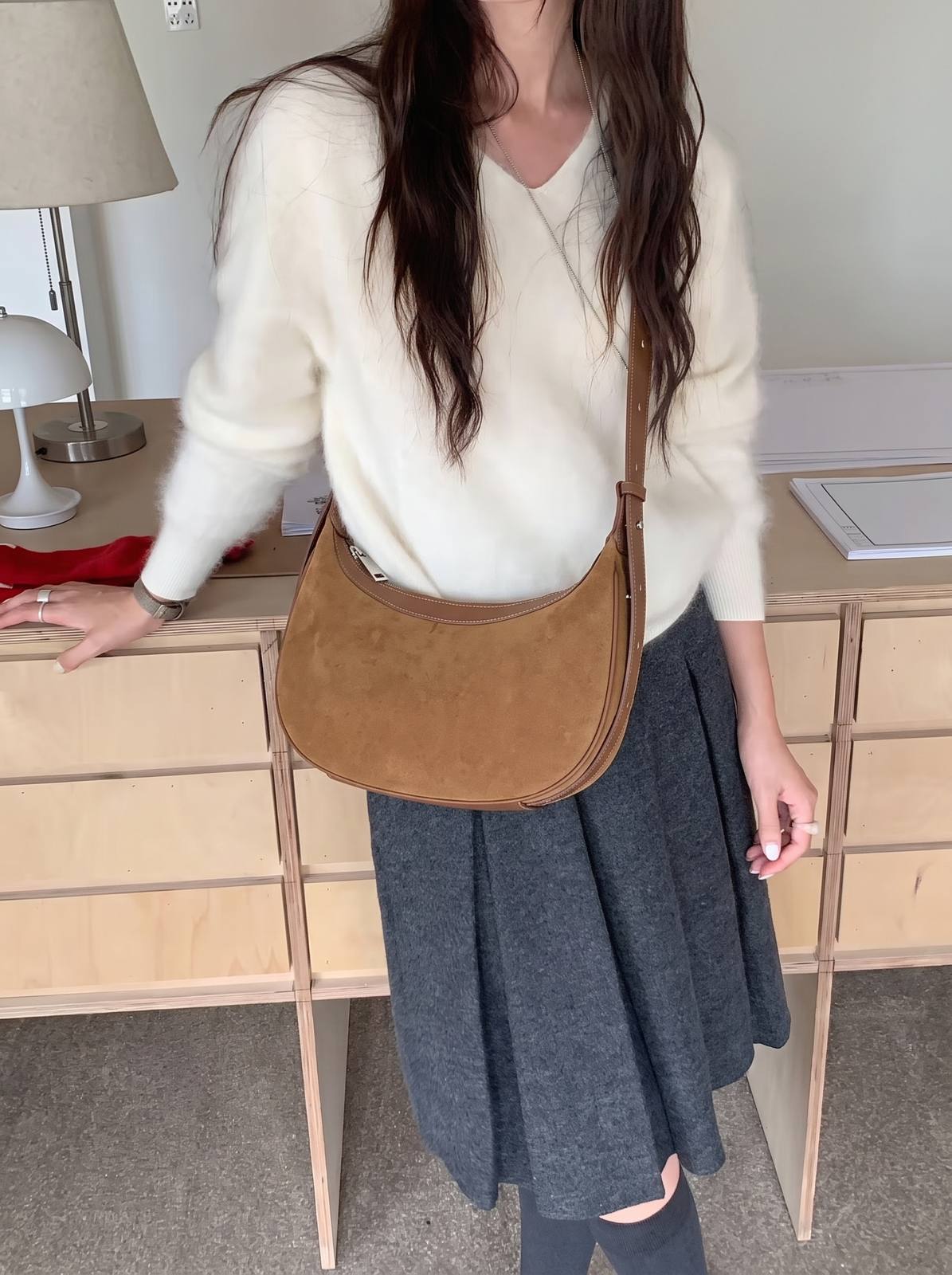 Wildfool The Cassis Crescent Bag in Caramel, worn — look 2