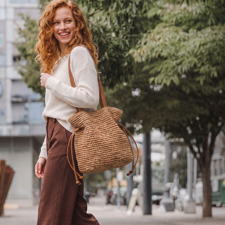 Walking through the city with a raffia bucket bag
