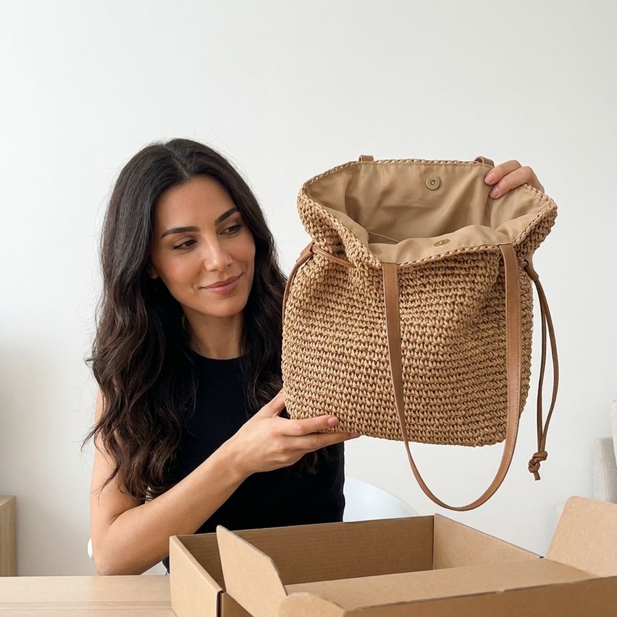 Unboxing a hand-woven raffia tote