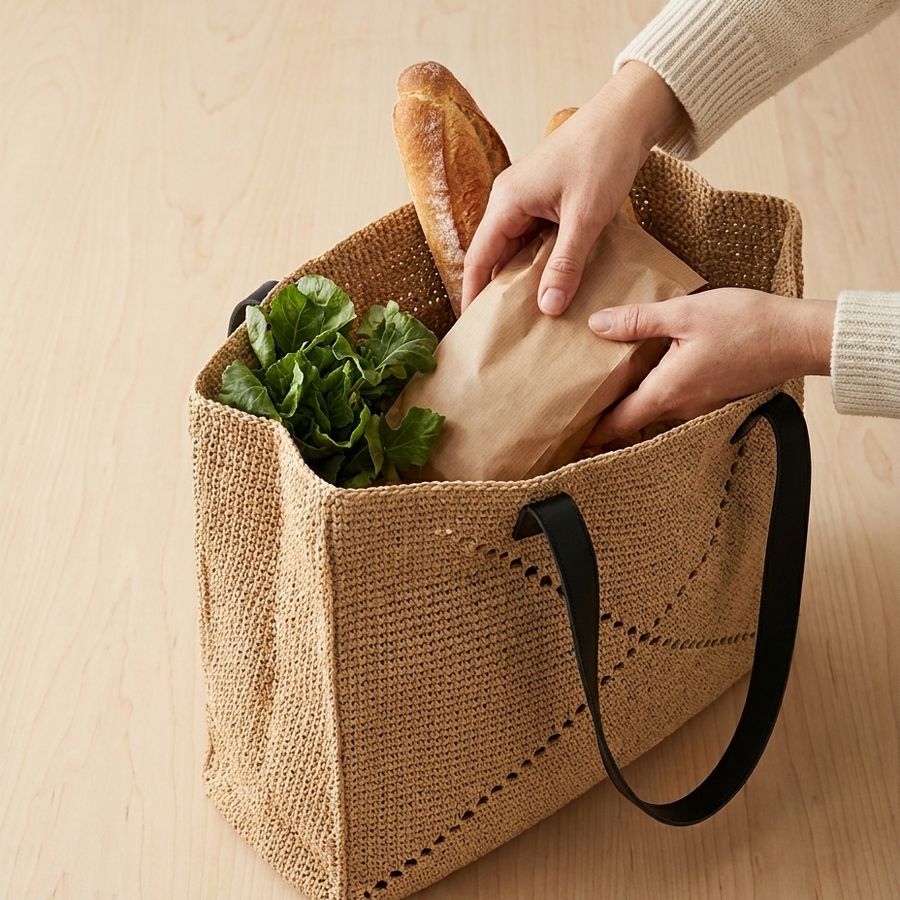 Packing groceries into a raffia tote